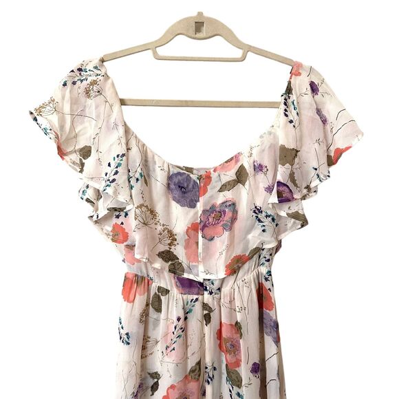 REFORMATION Chiffon Floral Off Shoulder Midi Dress Sz 0 - Picture 5 of 7